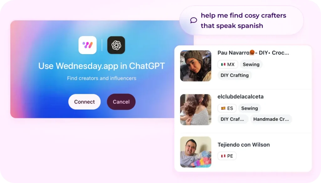 illustration of chatgpt's wednesday integration: a natural chat request to find top cosy craft creators speaking spanish